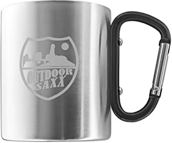 Outdoor Saxx Edelstahl Becher mit Karabiner Griff und Laser-Gravur (schwarz)