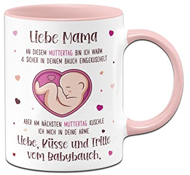 Tassenbrennerei Tasse - Liebe Mama diesen Muttertag bin noch in deinem Bauch - Muttertagsgeschenk in der Schwangerschaft für werdende Mütter - Kaffeetasse mit Spruch (Rosa)