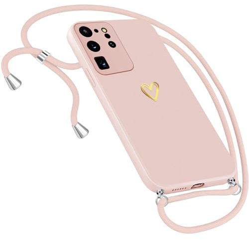 Handykette für Samsung Galaxy S20 Ultra Mit Herz Motiv - Handyhülle Mit Band Zum Umhängen - Ultradünn Necklace Hülle (Rosa)