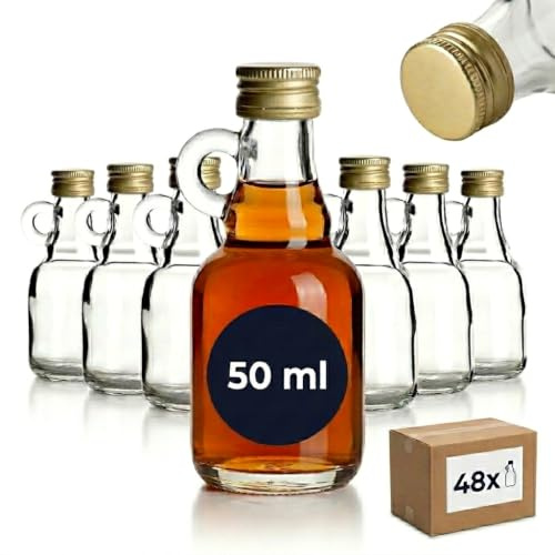 gouveo Lot de 48 bouteilles en verre à anse (0,05 l) bouchon à vis PP 18 doré mini flacons ronds transparents pour liqueur sirop huile vinaigre échantillons (HF050SG)