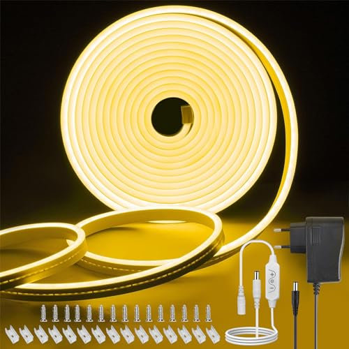 TVLIVE Neon LED Streifen 5M, Warmweiß Dimmbar 12V, IP65 Wasserdicht Flexibel, LED Lichtband Mit Diffusion Silikon, Für Innen Außen Schlafzimmer Heim Küche Deko
