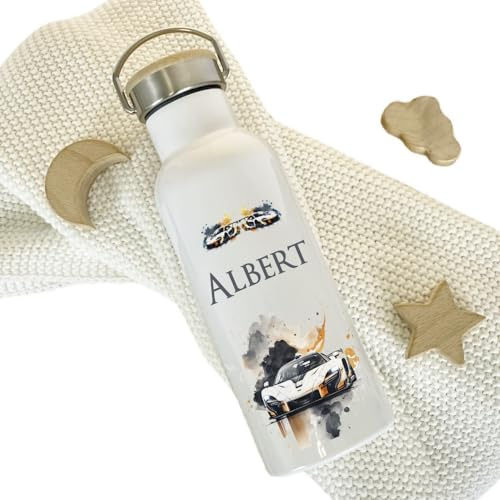 Kinder Trinkflasche mit Namen für Mädchen und Jungen personalisiert/Edelstahl Thermosflasche für Kita Schule als Geschenk | Manufaktur Liebevoll (Rennauto)