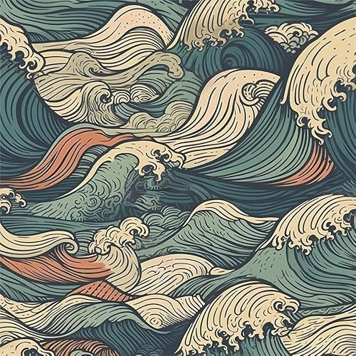 MuralPeel Vinatge Janpanese Sea Wave Blue/Yellow Mosaic Peel and Stick Wallpaper Self Adhesive