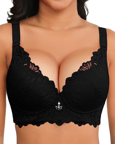 Svmer Push Up Lace Bra for Women Underwire Plus Size Comfortable Brassiere | Full Coverage for Larger Busts, Lightly Lined, Padded, Pushup Support Lift, Smoothing Back, Comfort, Hide Back Fat
