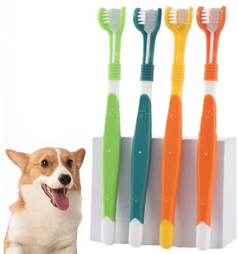 4 Stück Hund Zahnbürste, Haustier Zahnbürste, Zahnbürsten für Hunde, Zahnpflege für Katze, Dreifachkopf Hundezahnbürsten, Mundhygiene für Haustiere, Tiefenreinigungsset für die Mundhöhle