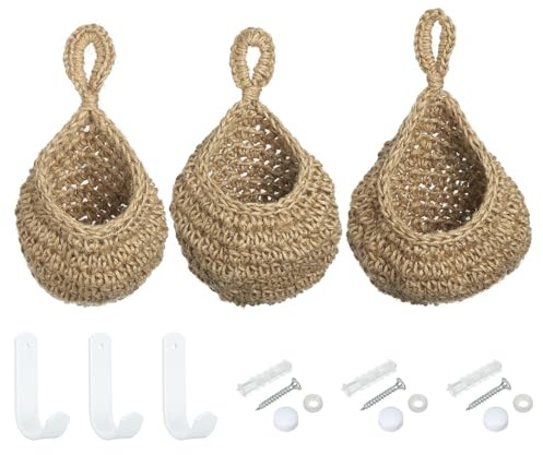 PATIKIL Hanging Fruit Baskets for Kitchen, 3 Sizes Teardrop Home Decor Storage Hand-Woven Wall Hanging Basket for Garlic Potato Vegetable, Brown