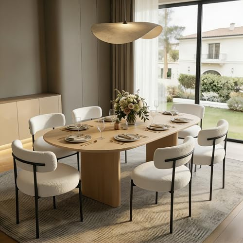 YU YUSING Lot de 6 Chaises de Salle à Manger Bouclettes Rembourrées en Tissu Teddy Ultra-épais, Chaises de Cuisine Salon Confortable Scandinaves, Design Rétro, Pieds en Métal, Restaurant, Blanc