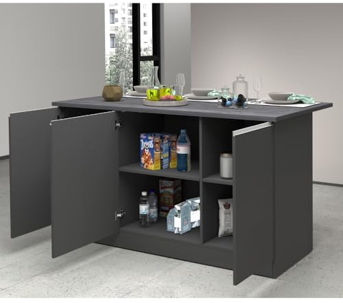 VE.CA - Isola Cucina Clarissa con Piano Lavoro 90x155x90 cm, Made in Italy - Mobile Cucina Moderno, Credenza con 3 Ante - Ideale come Tavolo da Pranzo - Antracite/Report