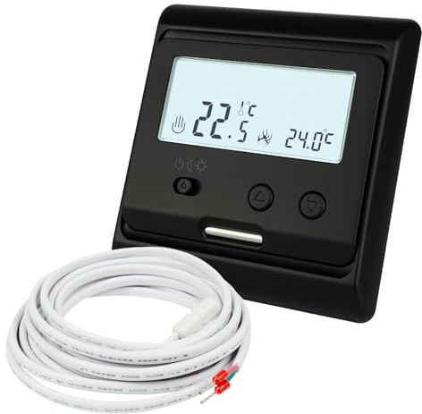 12V DC Thermostat Temperaturregler Unterputz, schwarz, INT. und EXT. Sensor, optimal für elektrische Fußbodenheizung im Wohnwagen/Wohnmobil