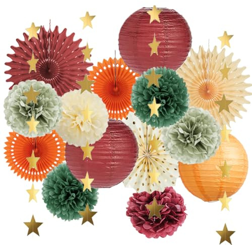 Herbst Party Deko Rot Grün Orange Pompons Salbeigrün Orange Party Deko Herbstlich für JGA Babyparty Herbst Brautdusche Geburtstagsdeko Gartenparty