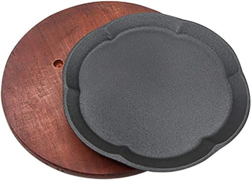 HPTHLY Fuente para Servir chisporrote de Hierro Fundido presazonada/Bandeja para Carne con Soporte de Madera,Plato para Carne chisporroteante de Hierro Fundido-C,Grande