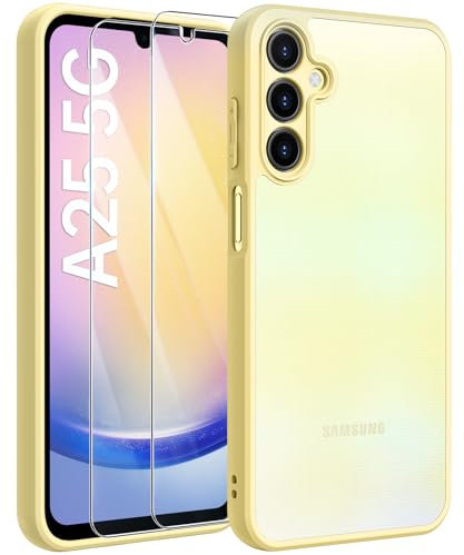 FLLAO Matt Handyhülle für Samsung Galaxy A25 5G Hülle und 2 Schutzfolie, mit Kameraschutz [Militärnorm Schutz] urchscheinende PC Rückseite TPU Bumper Hülle für Samsung Galaxy A25 5G - Gelb