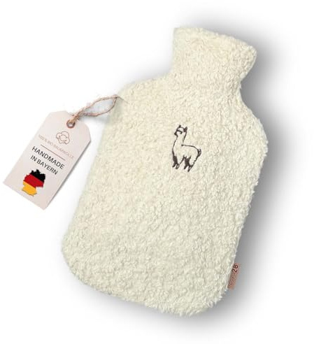 kontor28 - kuschelige Alpaka TEDDY Wärmflasche mit Bezug aus weicher 100% Bio-Baumwolle, handgefertigt Made in Germany, auslaufsicher, geruchlos und schmerzlindernd für Kinder/Erwachsene - 2,0 Liter