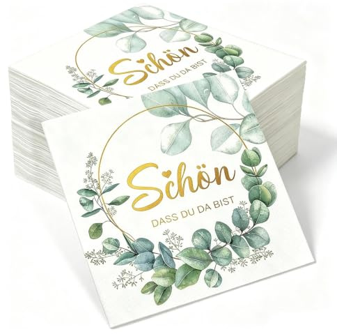 80 Stück Servietten Schön Dass Du Da Bist, Servietten Geburtstag Eukalyptus | Servietten Hochzeit, 3-Lagige Servietten Tischdeko für Geburtstag Hochzeit Taufe Kommunion Konfirmation Firmung