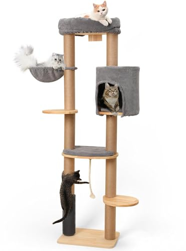FUKUMARU Kratzbaum für Katzen,188 cm Wandmontage, Katzenbaum mit Katzenbett, Kratzpfosten, Katzenbürste und Kratzmatte aus Jute, Katzenkratzbaum aus natürlichem massivem Gummibaumholz, grau