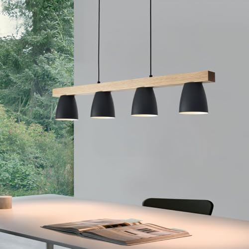 ouglres 4-Flammige Pendelleuchte Esstisch Holz,Schwarz Esszimmer Lampe Hängend Aus Metall Lampenschirm, Moderne Hängeleuchte Vintage E27 für Innen Küche,Wohnzimmer,Restaurant,92cm