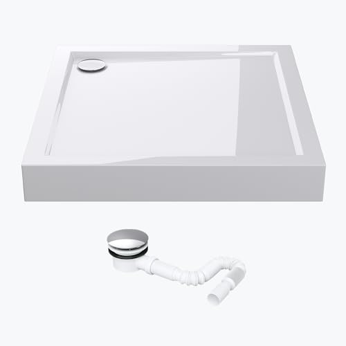 Mai & Mai Piatto Doccia con Piletta 100x100x14cm, Piletta di Scarico (AL01) | Piatto Doccia Quadrato Faro1H in Acrilico, Bianco