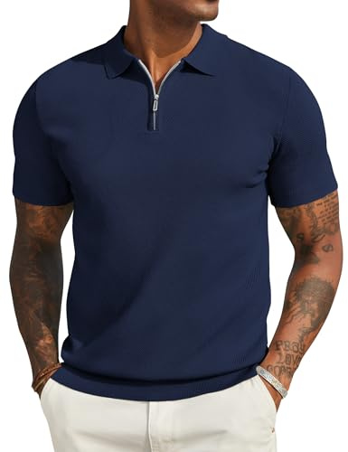 COOFANDY Golf Polo Shirts for Men Adult Classic Zip Mens Polo Shirts Short Sleeve Stretch Men's Polo Shirt UK Lightweight Navy Blue L
