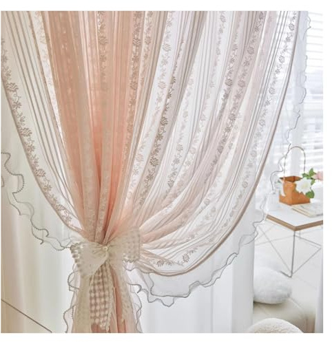 AHUFGN Rüschen Vorhänge Romantische durchsichtige rosa Rüschenvorhänge for Mädchenschlafzimmer, Prinzessinnen-Stil, Erkerfenstervorhänge, Wohnzimmer, Schiebetüren(Rod Pocket_1PC W200 X H240CM)