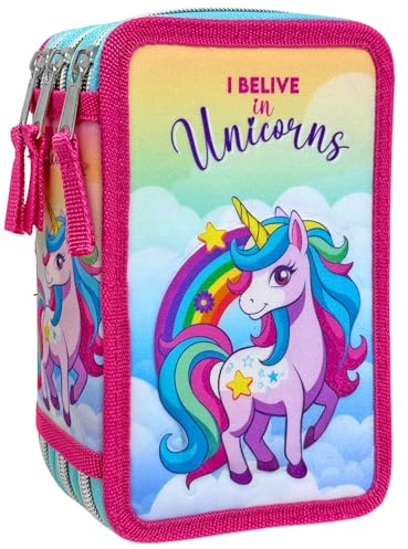 Clondo 3D Federmäppchen mit 3 Fächern für Mädchen, für Einhorn-Fan, dreifach gefüllt, 44 Schulzubehör, 3 Reißverschlüsse, 20 cm, Lineal, Buntstifte, Filzstifte