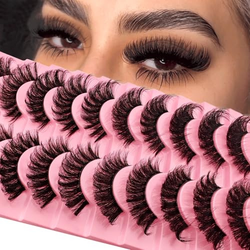 10 Paare Clear Band Künstliche Wimpern Katzenauge, 15mm Flauschiges Cat-Eye Russische Volume Strip Lashes D Curly Wispy Falsche Wimpern Natural Look Wimpern Extensions(H22)