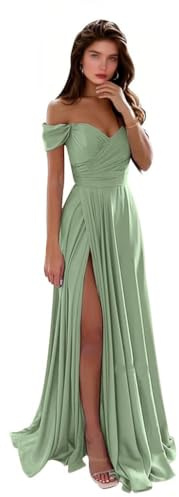 Generic - Robe de demoiselle d'honneur à épaules dénudées, longue robe de bal en satin, corset A-ligne froncée, robe de soirée formelle pour femmes, invitée de mariage avec fente, vert sauge, 48
