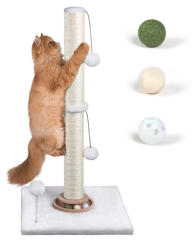 Fantasreen 31 Cat Scratching Post Kitten Toys for Indoor Cats, Interactive Cat Scratcher with Catnip Balls, Sisal Scratch Rope for Large Cats, White