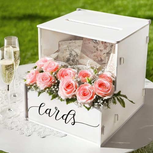SOFARKKT White Card Box with Slot, Wedding Card Boxes for Reception with Flower Trough, Elegant Suggestion Box for Gift Cards Envelope, Perfect for Birthday Bridal Shower Graduation Party Table Decor