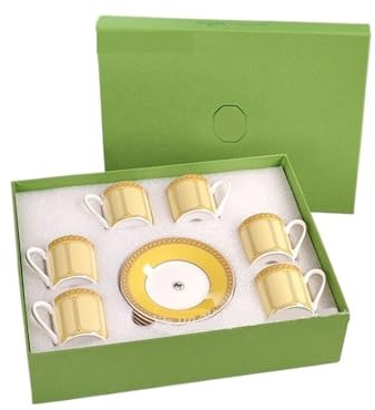 Nordic Minimalist Light Luxury Style Gold Border Bone China 12 Piece Espresso Cup and Plate Set Combination Gift Box Set(Yellow)