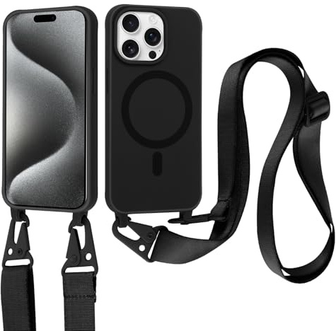Jrkvniv Cover per iPhone 15 Pro Max con Cordino [Compatibile con MagSafe ] Custodia con Regolabile Laccio Collana Tracolla, Ultra Sottile Silicone Antiurto AntiGraffio Case per iPhone 15 Pro Max, Nero