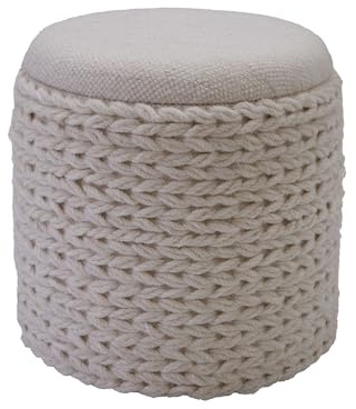 FineBuy Sitzhocker Rund 40x40x45 cm Wolle Weiß mit Stauraum | Beistellhocker im Boho Stil mit abnehmbarem Deckel und Staufach, bis 120 kg, handgefertigtes Unikat