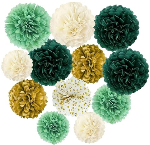 Logei 12 Stück Pompons Salbeigrün Seidenpapier Pompons ，Party Deko Gartenparty Geburtstag Hängende Papier Pom Poms Party Dekorationen für Hochzeit Deko Tischdeko Geburtstagsdeko (Waldgrün)