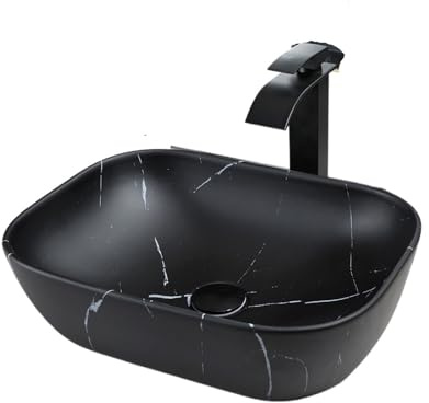 Badezimmerwaschbecken, Aufsatzwaschtisch aus Keramik mit schwarzem Mischbatterie-Wasserhahn und Pop-up-Ablaufgarnitur