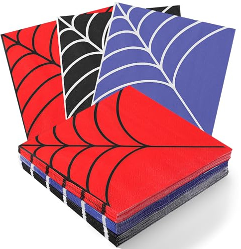 Glenmal 60 Pcs Spider Web Napkins, Spider Themed Red Blue Black Cobweb Hand Towel, Disposable Paper Decor Guest Cocktail Napkins, for Party Lunch Dinner Kitchen Bathroom Halloween