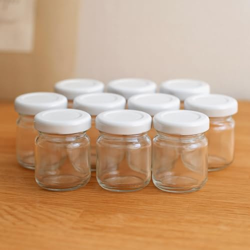Mini Pots Confiture en Verre, Cadeau invités mariage, 40ml, Couvercle Blanc, 5,2 x 4,2 cm, Lot de 10