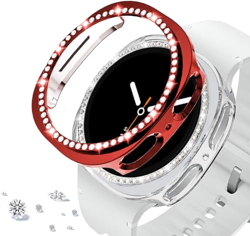 DEALELE [2-pack] klockfodral kompatibelt med Samsung Galaxy Watch 8 44 mm, bling, en rad diamant strass, PC skyddande fodral, ersättning klockskydd, stötfångare (44 mm, röd + transparent)