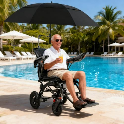 Juodkeo Fauteuil roulant électrique léger pliable motorisé, seulement 14 kg, pour adultes, double moteur, facile à utiliser, pneus tout-terrain et rotation à 360°, approuvé pour les voyages et les