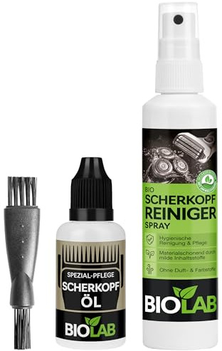 BIOLAB Kit de nettoyage et d'entretien pour tête de rasage – Huile pour tête de rasage (30 ml), spray nettoyant pour tête de rasage (100 ml) + brosse de nettoyage pour rasoir, tondeuse à cheveux et
