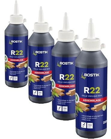 Bostik Colle Vinylique Bois R22 – Prise Lente – Colle d'Assemblage et de Placage du Bois – D1 Menuiseries Intérieures – Meubles – Blanc – Biberon de 250 g (Lot de 4)