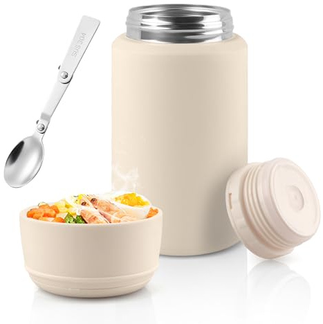 Acasimo Thermobehälter für Essen 750ml, Edelstahl Warmhaltebehälter Essen mit Löffel, müslibecher to go, Thermo lunchbox für Gefrierschrank, Spülmaschine, Erwachsene(Weiß-RE)
