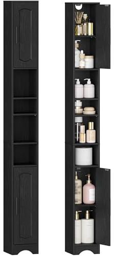 HEXCELEN Badezimmerschrank, Hochschrank Badezimmer Badschrank Schmal Hoch | Badschrank mit Offenen Fach und Tür, Verstellbaren Ablagen, Platzsparender Badregal, Badmöbel, 20 x 20 x 180 cm Schwarz