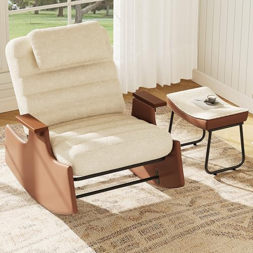 Gungstol med fotstöd, avslappningsstol med justerbart ryggstöd i 3 lägen, gungstol med armstöd och fickor amningsstol med nackstöd (beige-3,51 x 81 x 81 x 81)