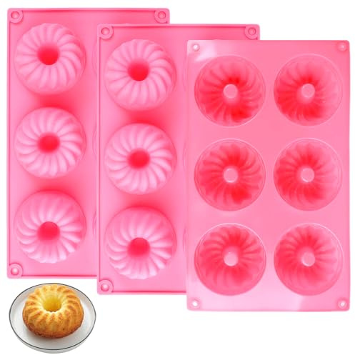 3 stycken mini Gugelhupfformar silikon, 6 kapacitet Ø 7 cm silikon Gugelhupf form återanvändbar, non-stick liten gugelhupf kakform, för tårta muffins brownie choklad pudding gelé munkar (rosa)