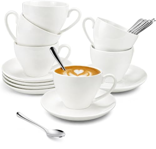 6er Set Tassen mit Untertassen 220 ml Keramik Kaffeetassen mit Edelstahl Löffeln Weiße Teetassen mit Griff für Latte Cappuccino Espresso Zuhause Büro
