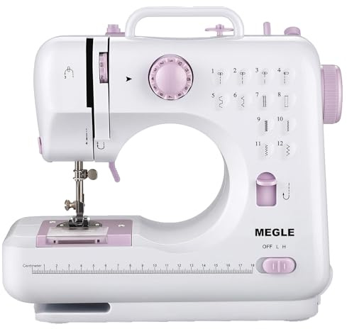 Machine à coudre pour débutants, petite machine à coudre avec pédale, manuel en 5 langues, deux types d'alimentation électrique, 12 points MEGLE FHSM-505