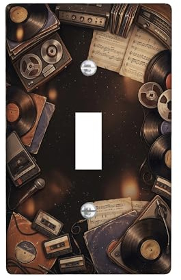 Placa de cubierta de vinilo para interruptor de luz, micrófono de casete retro vintage N/A plástico negro, tamaño estándar, placas de pared decorativas para el hogar, sala de estar, dormitorio