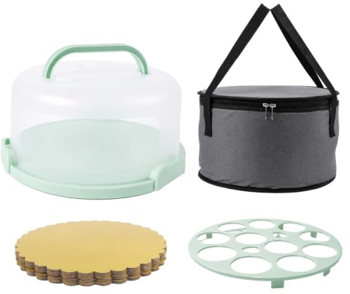 Vexnaro Porta Tartas Redondo, Contenedor para Tartas de PP con Tapa y Asa, Base de Doble Cara, 10 Bases Doradas y Bolsa Térmica para Cupcakes, Galletas, Frutas y Fiestas