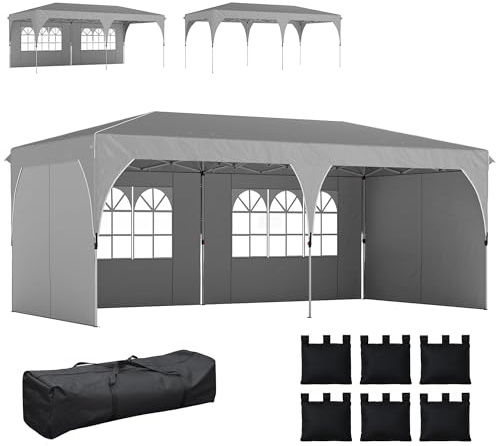 Outsunny Gazebo 3x6 m Pop Up Pieghevole ad Altezza Regolabile, Gazebo Esterno con Pareti Laterali, Strisce Riflettenti, Sacchi di Sabbia, Borsa per Trasporto, UV50+, per Feste Campeggio, Grigio Chiaro