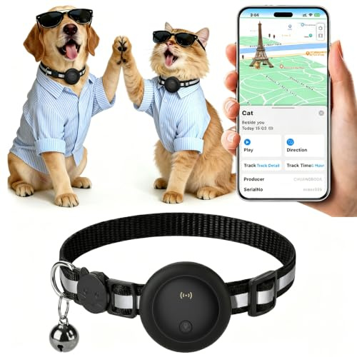 2-in-1 Cat Tracker Collar,Reflective Dog Tracker with No Monthly Fees,Supports Real-Time Tracking/Anti-Loss,iOS/Android,Includes Adjustable Collar with Bell,Suitable for Small Dogs/Cats-Black
