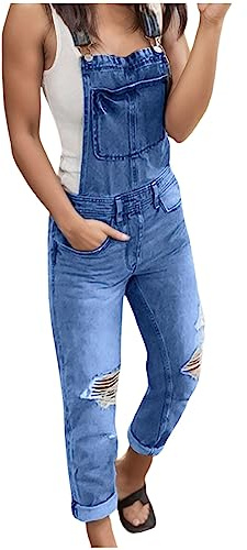 EWFAS Salopette jean femme à bretelles ajustables multi-teintes bleu clair bleu foncé gris déchirures décoratives ourlet roulé pantalon mi-long carotte denim léger confortable sortie plage vacances